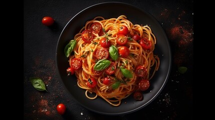 photo top view of Dark plate with italian spaghetti on dark generative ai