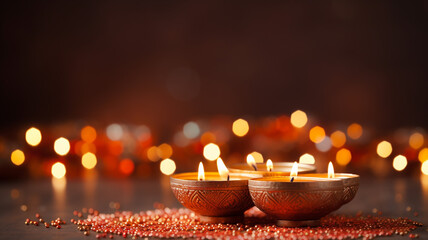 Diwali Deepavali is the main Indian holiday-festival, a festival of lights that symbolizes the victory of light over darkness. candles, lamps, colorful. banner copyspace poster greeting background.