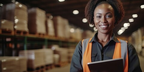 african american woman worker in a hardware warehouse standing checking supplies on his tablet. generative ai - obrazy, fototapety, plakaty