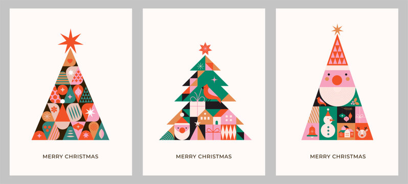 Christmas trees in modern minimalist geometric style. Story templates, posters, cards. Colorful illustration in flat cartoon style. Xmas tree with geometrical patterns, stars and abstract elements