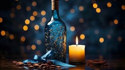 A blue bottle with a cork and a candle. Generative AI