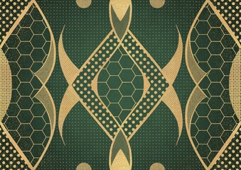 Hand-drawn unique abstract gold ornament on a green warm background, with vignette of darker background color and splatters of golden glitter. Paper texture. Digital artwork, A4. (pattern: p12a)