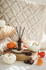 Fototapeta na wymiar Home comfort, coziness, aromatherapy. Cozy interior with knitting, burning candles and aroma perfume diffuser in the living room. Pumpkin spicy sweet pie fall fragrance, autumn scent, relaxation