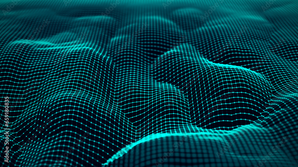 Poster abstract bubbles landscape background. futuristic retro wavy texture of mountains and hollows. big d