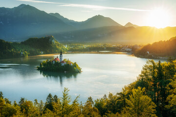 Morning view of Pilgrimage Church of the Assumption of Maria. Fantastic summer scene of Bled lake, Julian Alps, Slovenia.