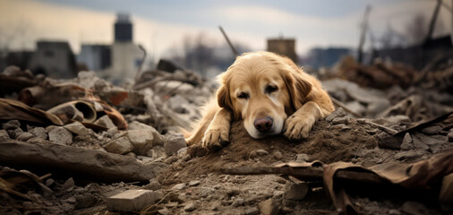 Homeless Emotional Impact: Devastated Golden Retriever Pet Dog in the Aftermath Of A Natural Disaster.  - obrazy, fototapety, plakaty