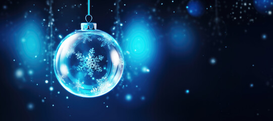 Fototapeta na wymiar Snow Glass Globe on Blue Blurred Christmas Background
