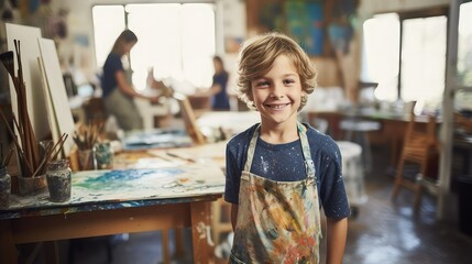 10-year-old boy with blonde hair and light eyes, attending an art  class. He wears a blue t-shirt and a white apron. In the background you can see canvases and brushes. Image generated with AI.