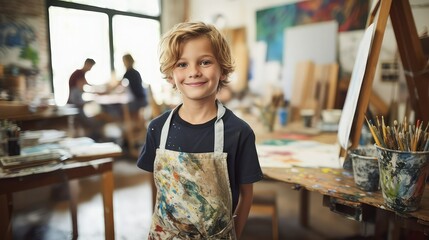 10-year-old boy with blonde hair and light eyes, attending a painting class. He wears a blue t-shirt and a white apron. In the background you can see canvases and brushes. Image generated with AI. - obrazy, fototapety, plakaty