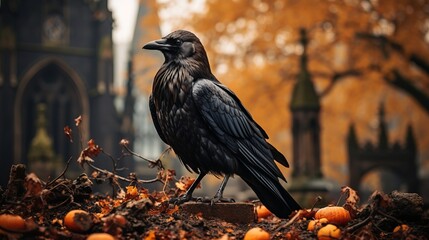 A crow perched atop a tombstone. Generative AI - obrazy, fototapety, plakaty