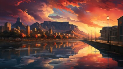 Amazing landscape inspired by Cape Town - fictional landmark illustration - obrazy, fototapety, plakaty