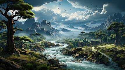 Fototapeta na wymiar Amazing landscape inspired by China - fictional landmark illustration