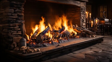 A fireplace with a fire in it. Generative AI