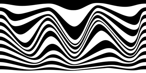 Abstract black and white horisontal lines concept. Wavy pattern with the effect of illusion. Racial flag for various sports and racing events. Vector illustration.