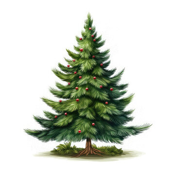 Wild fir tree is decorated with small red balls watercolor illustration on a white background.