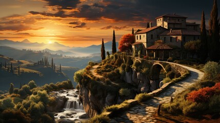 Amazing landscape inspired by Tuscany - fictional landmark illustration - obrazy, fototapety, plakaty