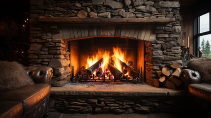 A fireplace with a fire in it. Generative AI - obrazy, fototapety, plakaty