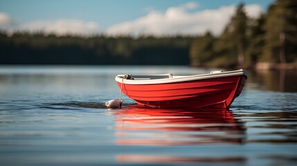 Red and white watercraft on body of water. a boat floating on a calm lake on a sunny day. generative AI