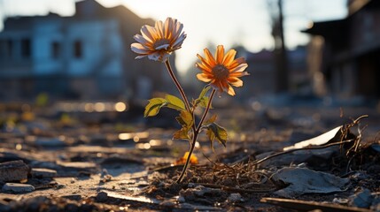 A Flower of Hope in a city with buildings destroyed. Generative AI