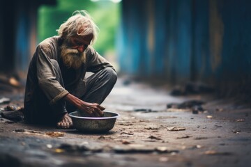 Poor, hungry. Problem of global significance, low level of society, social injustice, members of society in need of help. Poverty -stricken children and sick adults. - obrazy, fototapety, plakaty