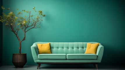 A green couch in a room. Generative AI