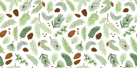 Fir and pine cone vector seamless pattern, branch tree tree and cone, evergreen spruce, Christmas and New Year background. Cartoon xmas decoration. Holiday nature illustration - obrazy, fototapety, plakaty