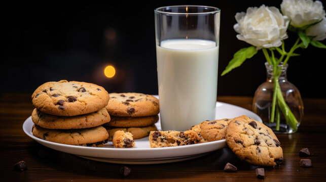 a glass of fresh milk on the table, pieces of fresh bread and oatmeal cookies with chocolate pieces, delicious greens