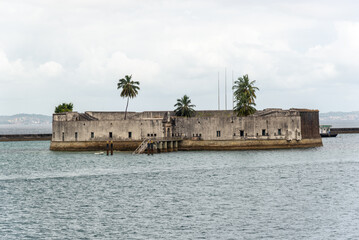 View of the Sao Marcelo Fort in the sea at Baia de Todos os Santos in the city of Salvador, Bahia.