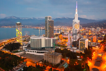 Picturesque aerial view of Georgian town of Batumi at evening