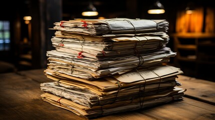 A large stack of old archival documents. Generative AI