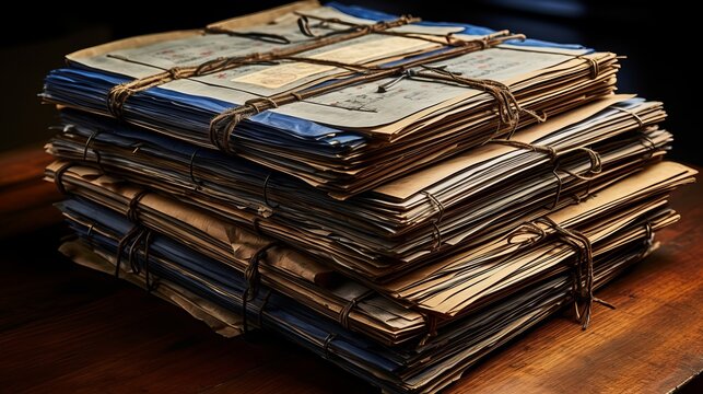 A large stack of old archival documents. Generative AI