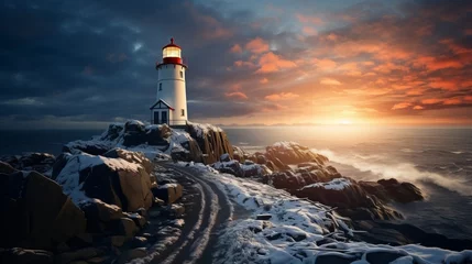 Fotobehang A lighthouse on a snowy hill. Generative AI © ProVector