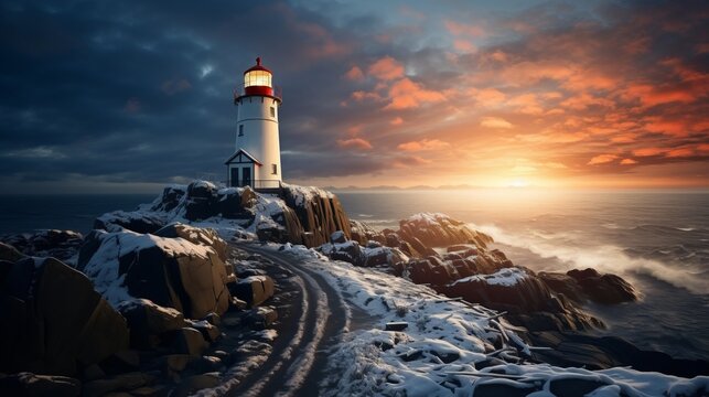 A lighthouse on a snowy hill. Generative AI