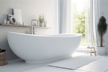 Fototapeta na wymiar Luxury and Comfort: A Modern Bathroom with a Freestanding Bathtub and Nature View, ai generative