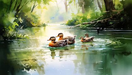 Watercolor Duck Family: Tranquil Pond Bliss