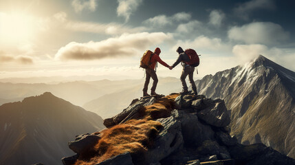 A hiker assists their friend in reaching the summit of the mountain