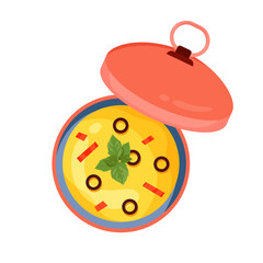 Lunch box with soup vector illustration. Cartoon isolated top view of round container with open lid and hot homemade cream soup ready to eat in lunchtime, takeaway lunchbox bowl with healthy dish