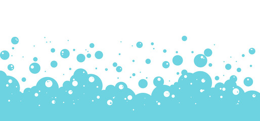 Cartoon soap bubble blue background, bath foam frame, shower water pattern, laundry transparent suds. Abstract wash illustration - obrazy, fototapety, plakaty