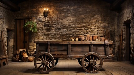 Fototapeta na wymiar A rustic wheeled cart in an old plank room. Generative AI