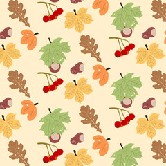 seamless pattern with autumn leaves. Autumn pattern with leaves of chestnut, oak, maple, rowan, chestnuts on an autumn background. Autumn mood, autumn gifts. Comfort in home.