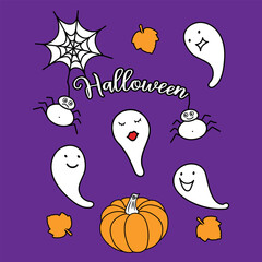 Halloween Party. Cute ghosts with pumpkin and funny spider. Festive clipart for banners, labels, prints, and postcards.