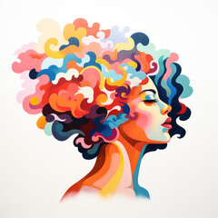 Mental Health - female profile illustration painted in thick gouache paint on white paper, isolated. Metaphorical editorial illustration, perfect for the web or print, in HD. Thoughts, mind and belief