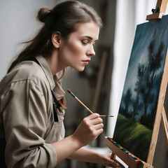 Pintora pintando un cuadro en su estudio 
