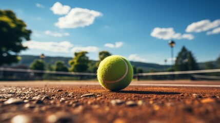A tennis racket with tennis balls on a tennis court. Generative AI
