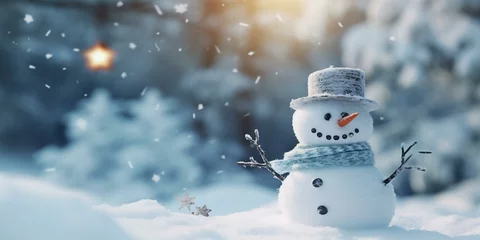 Fotobehang christmas snowy winter snowman snowflakes falling background cinematic © Young