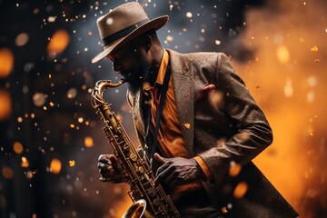 Jazz, musical art, African rhythms, Afro-American and Latino folklore, music culture, piano saxophone, Chicago music, nightlife, melody rhythm . - obrazy, fototapety, plakaty