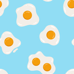 Different shaped fried eggs seamless pattern with blue background. Healthy food theme. Vector illustration.