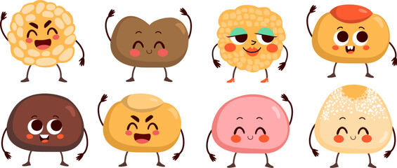 Cute various Panellets, typical pastries of Catalonia, Spain, All Saints Day mascot characters isolated on white background. Happy food friends of different flavours kawaii emoticons vector