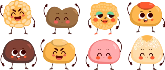 Deurstickers Schattige dieren set Cute various Panellets, typical pastries of Catalonia, Spain, All Saints Day mascot characters isolated on white background. Happy food friends of different flavours kawaii emoticons vector