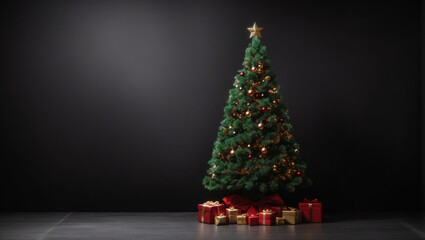 Christmas tree over black background. Backdrop with copy space
